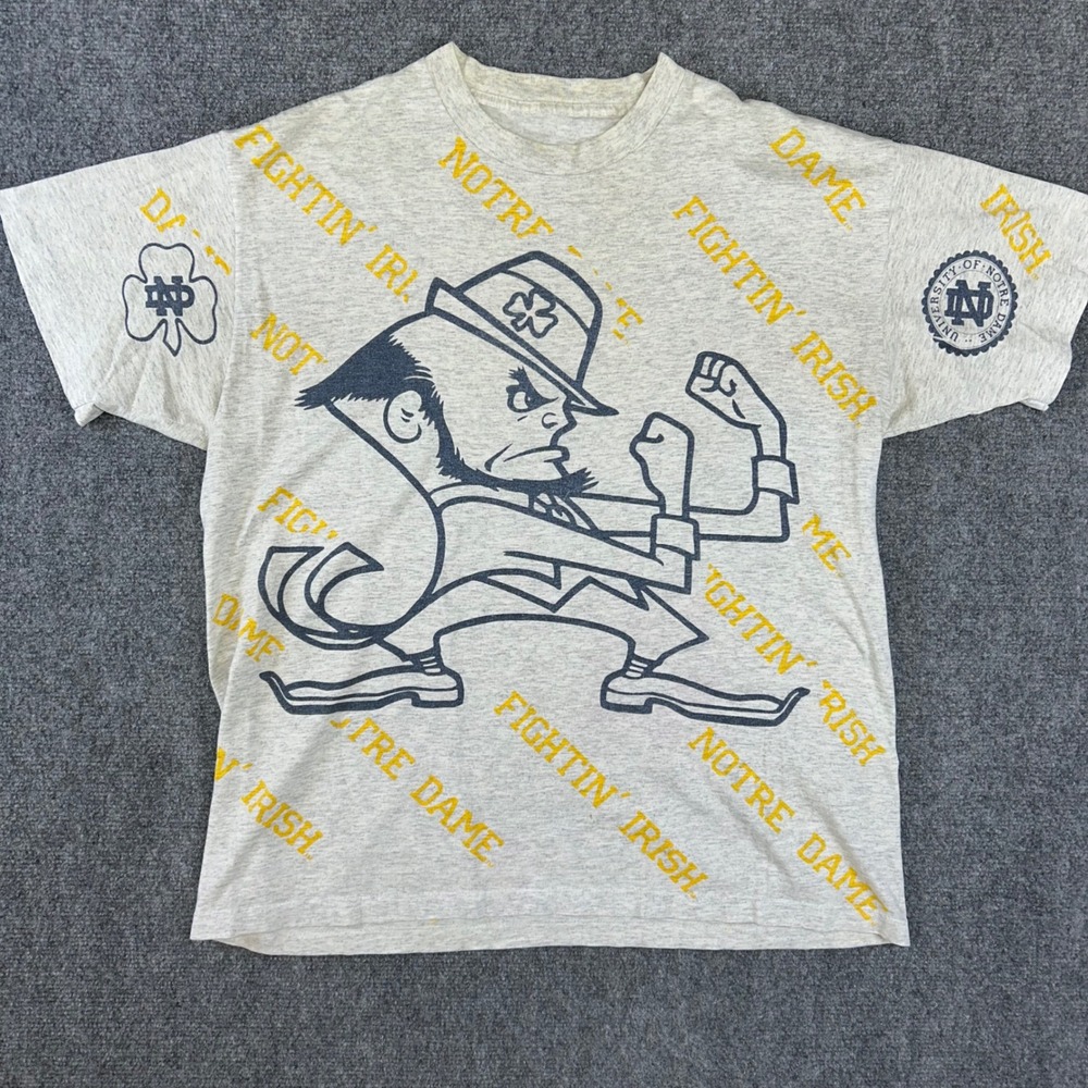 Vintage Notre Dame Fighting Irish Grey T-Shirt Double Sided Leprechaun L